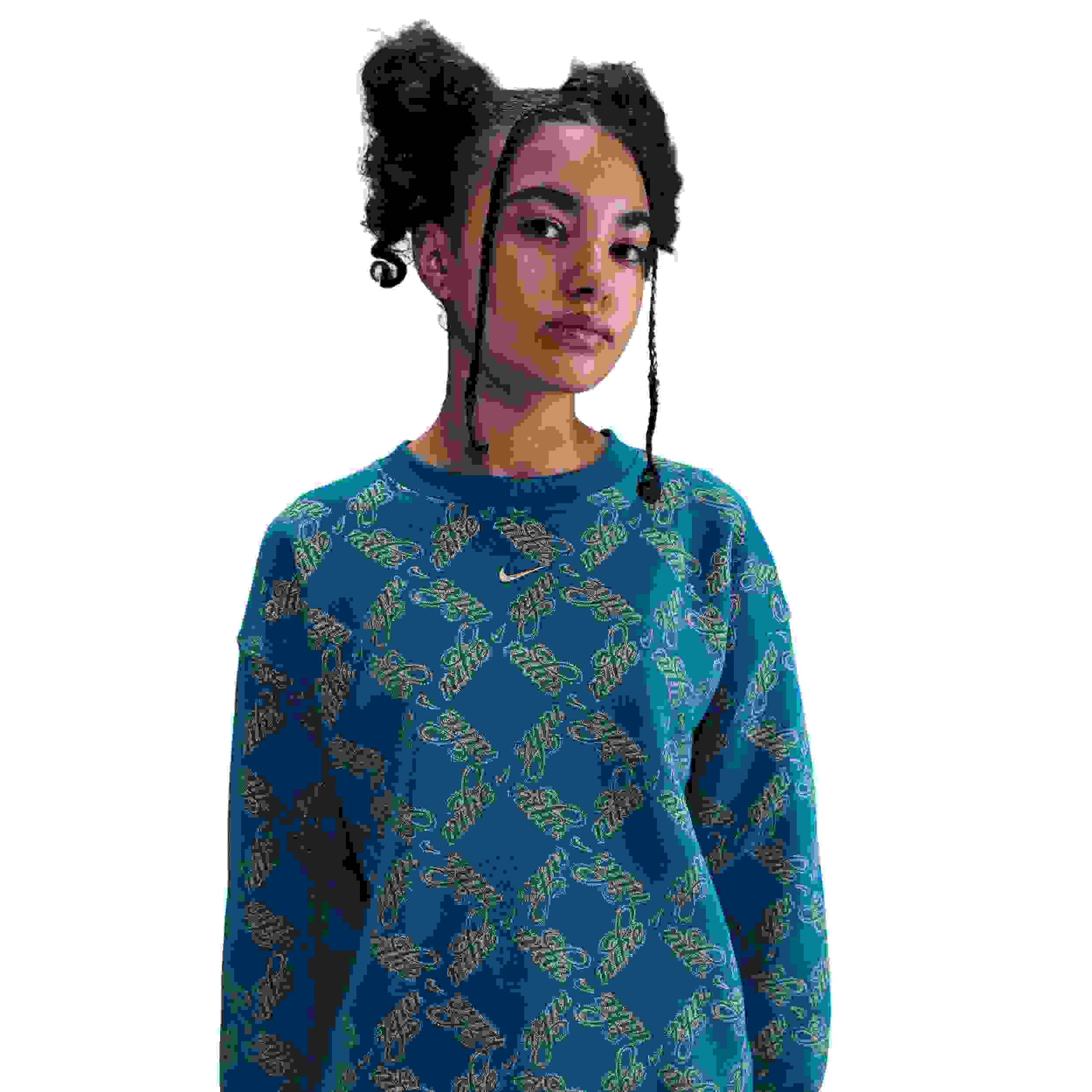 Nike Sportswear Club Fleece Oversized Big Girls' Blue/Gold Printed Crewneck Sweatshirt